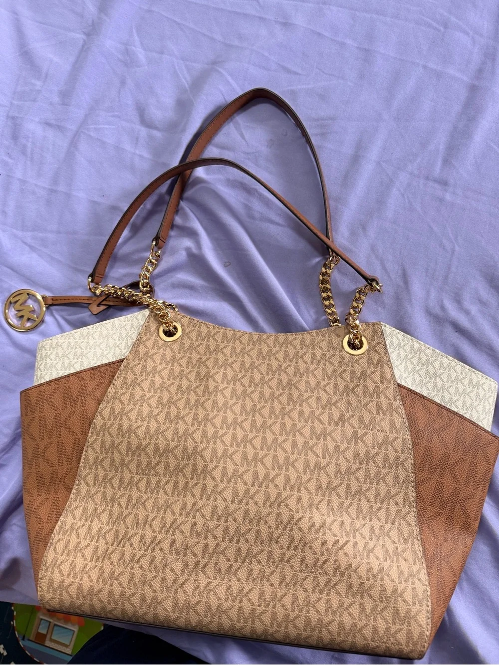 Michael Kors Tri-Panel Logo Tote in Brown and Cream with Gold Hardware